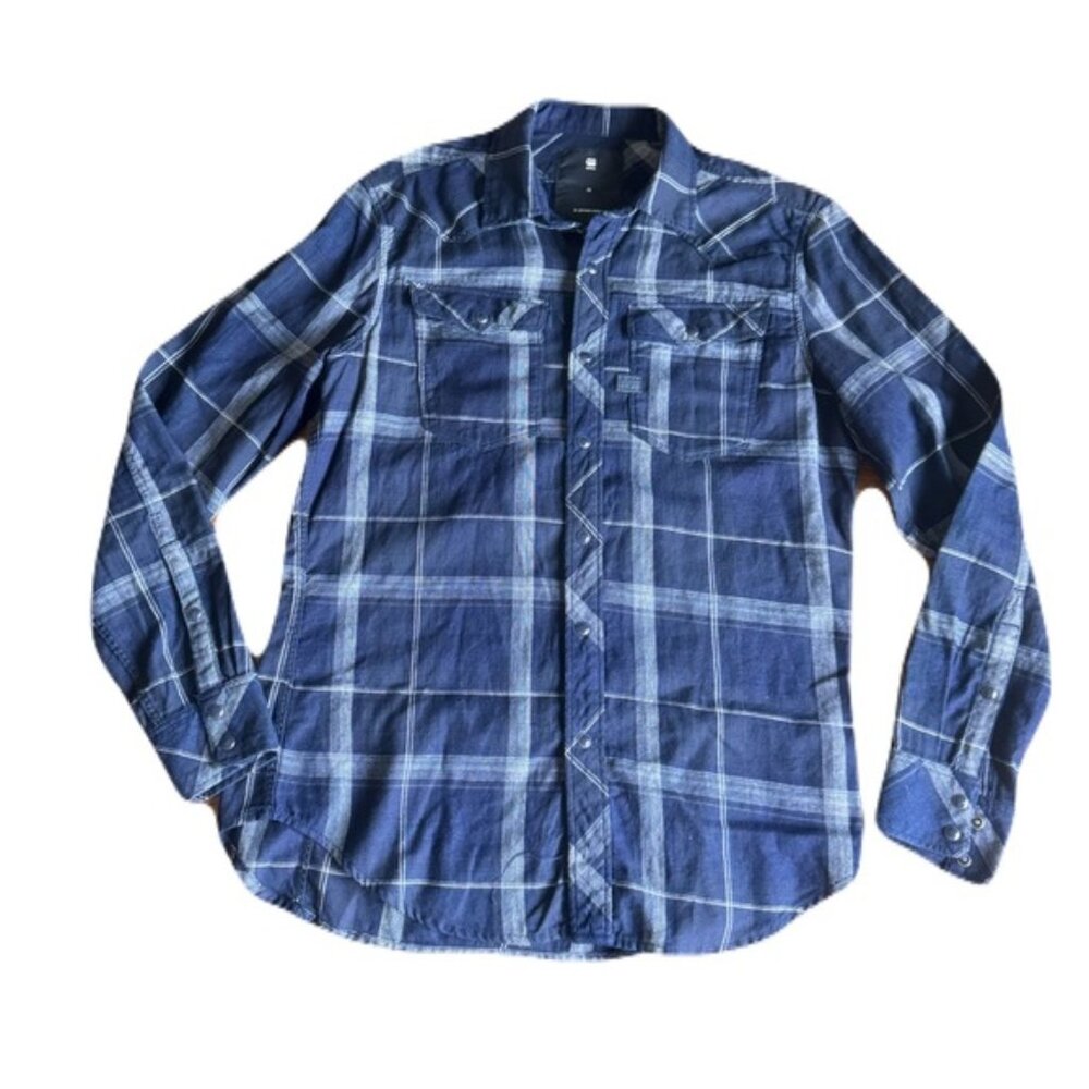 G-Star Raw Medium Blue Plaid Design Snap Button Shirt